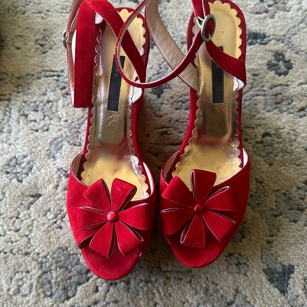 Marc Jacob’s floral embellished suede slingback wedge heel
